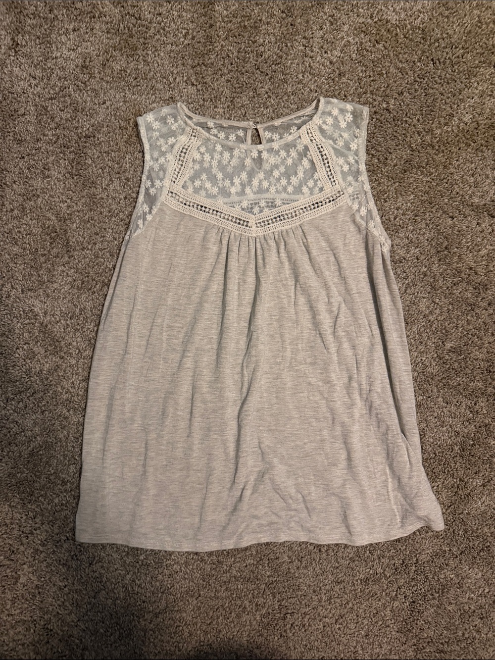 Loveappella Heather Gray Lace Yoke Sleeveless Tank
